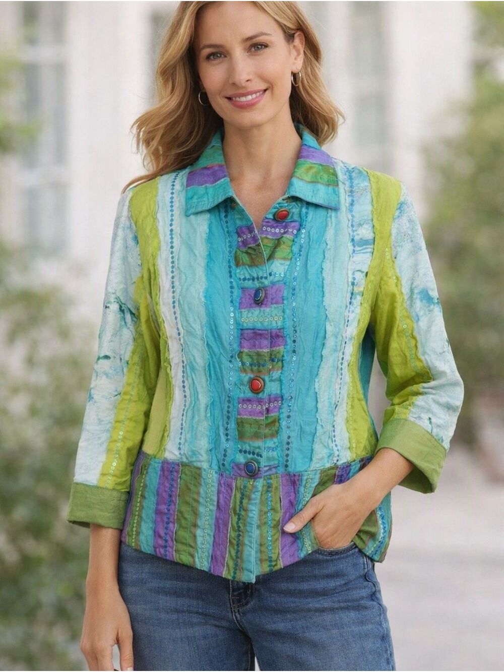 Parsley & Sage Art To Wear Boho Striped Patchwork Jacket in Turquoise & Lime. S